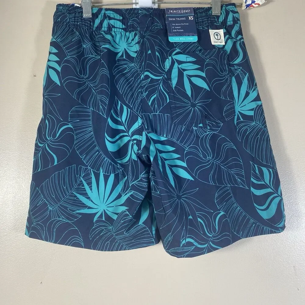 Trinity Coast Swim Trunks Men XS Navy Mint Mesh Lining Side Pockets Floral